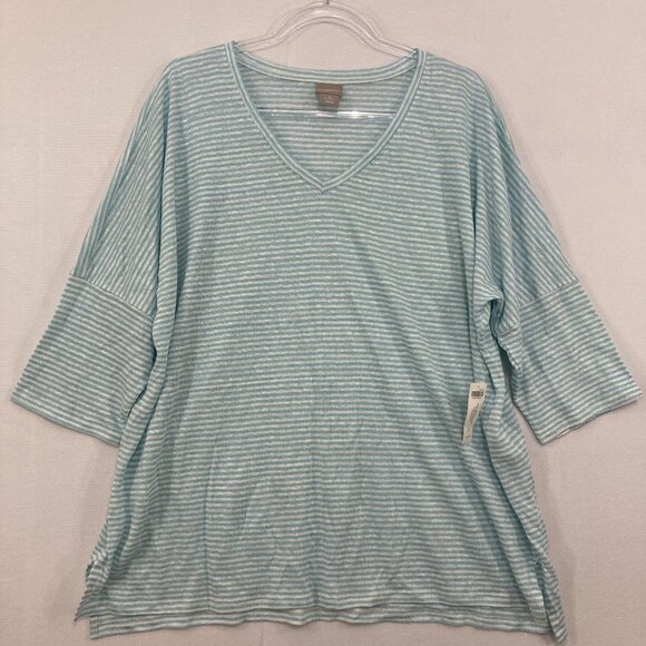 New Chico's XL/3 Blue Striped V Neck 100% Linen Stretch Comfy Slouchy Casual Top - Picture 1 of 11